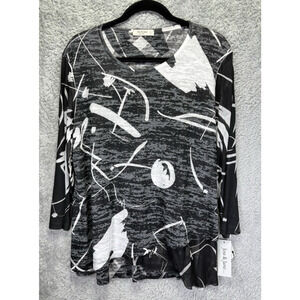 Jess & Jane Large Black White Graffiti Long Sleeve Top Lagenlook Art to Wear NWT